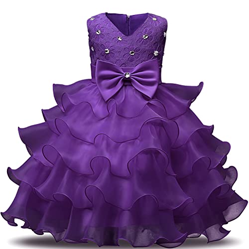 NNJXD Mädchen Kleid Kinder Rüschen Spitze Party Brautkleider Größe(100) 2-3 Jahre Tiefes Lila von NNJXD