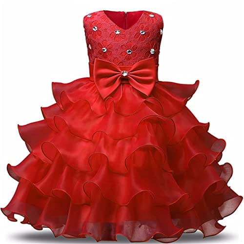 NNJXD Mädchen Kleid Kinder Rüschen Spitze Party Brautkleider Größe(110) 3-4 Jahre Rot von NNJXD