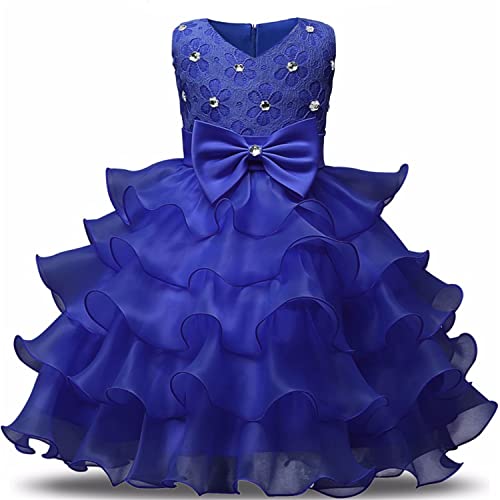 NNJXD Mädchen Kleid Kinder Rüschen Spitze Party Brautkleider Größe(120) 4-5 Jahre Blau von NNJXD
