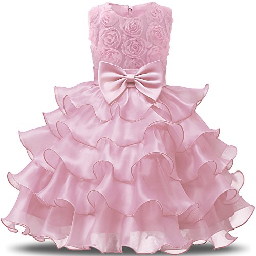 NNJXD Mädchen Kleid Kinder Rüschen Spitze Party Brautkleider Größe(120) 4-5 Jahre Blumen Rosa von NNJXD