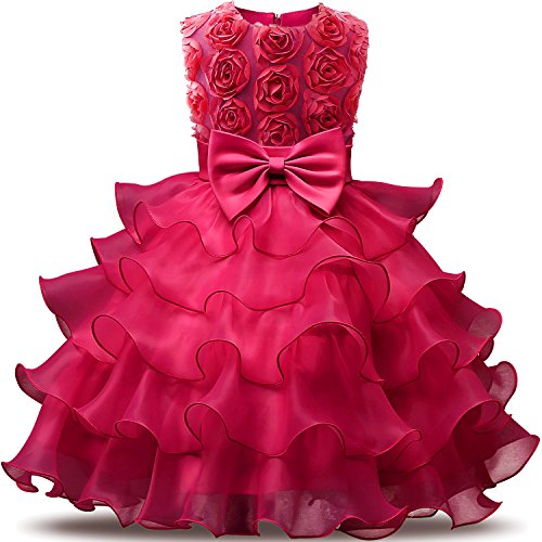 NNJXD Mädchen Kleid Kinder Rüschen Spitze Party Brautkleider Größe(120) 4-5 Jahre Blumen Rose von NNJXD