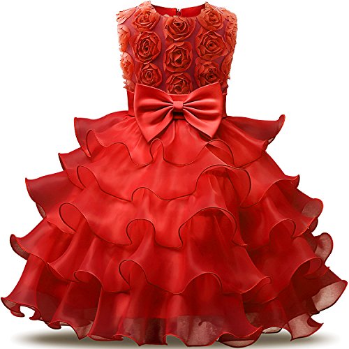 NNJXD Mädchen Kleid Kinder Rüschen Spitze Party Brautkleider Größe(130) 5-6 Jahre Blumen Rot von NNJXD