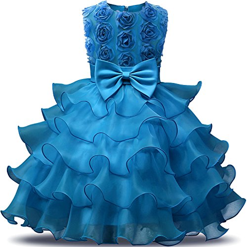 NNJXD Mädchen Kleid Kinder Rüschen Spitze Party Brautkleider Größe(140) 6-7 Jahre Blumen Blau von NNJXD