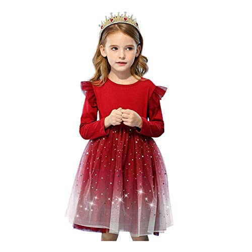 NNJXD Mädchen Kleid Langarm Ärmel Bling Sterne Gedruckt Tutu Geburtstag Prinzessin Kleid Größe120(3-4 Jahre) 1220 rot-A von NNJXD