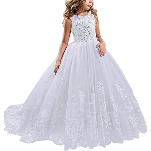 NNJXD Mädchen-Kleid mit Spitze, Tüll, Bestickt, Prinzessin, Abschlussball, Ballkleid, formelle Party, Langer Schwanz, 406, Weiß, Größe (140), 8–9 Jahre von NNJXD