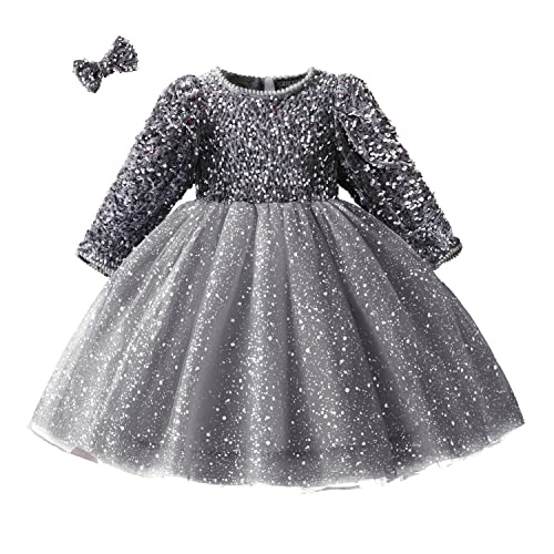 NNJXD Mädchen Pailletten Tüll Blumenmädchen Prinzessin Party Langarm Abendkleid 1908 Grau 5-6 Jahre von NNJXD