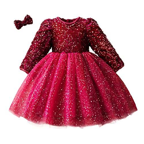 NNJXD Mädchen Pailletten Tüll Blumenmädchen Prinzessin Party Langarm Abendkleid 1908 Rot 3-4 Jahre von NNJXD