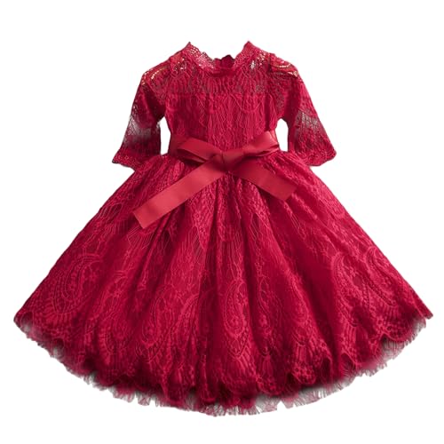 NNJXD Mädchen Prinzessin Kleid Bestickt Hohl knielangen lässige Party Ankleiden Größe(100) 2-3 Jahre 481 Rot-A von NNJXD