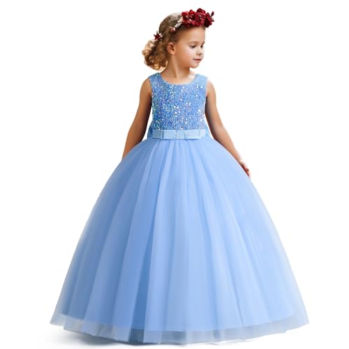 NNJXD Mädchen Sparkle Pailletten Kleid Prinzessin Weihnachtsfeier Blumenmädchen Hochzeitskleid 2011 Blau Größe (150) 10-11 Jahre von NNJXD