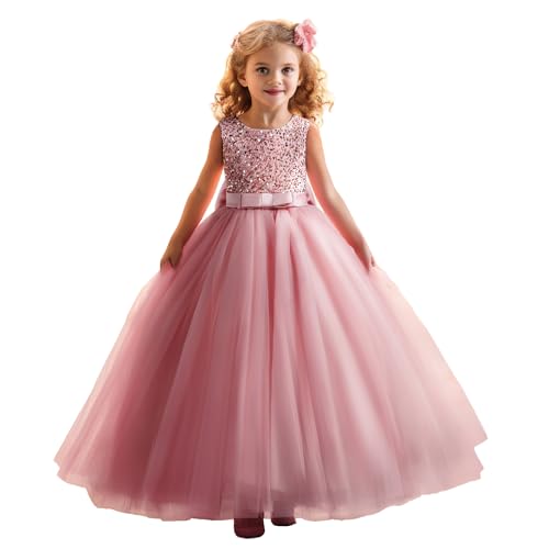 NNJXD Mädchen Sparkle Pailletten Kleid Prinzessin Weihnachtsfeier Blumenmädchen Hochzeitskleid 2011 Rosa Größe (120) 4-5 Jahre von NNJXD