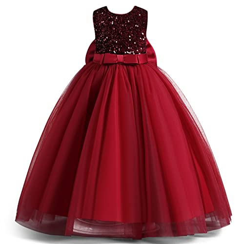 NNJXD Mädchen Sparkle Pailletten Kleid Prinzessin Weihnachtsfeier Blumenmädchen Hochzeitskleid 2011 Rot Größe (170) 14-15 Jahre von NNJXD