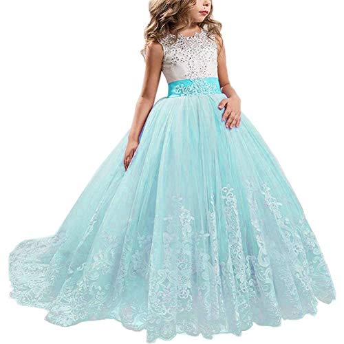 NNJXD Mädchen Spitze Tüll Gestickte Prinzessin Prom Ballkleid Formale Partei Lang Schwanz Kleider Größe (130) 6-7 Jahre 406 Blau-A von NNJXD