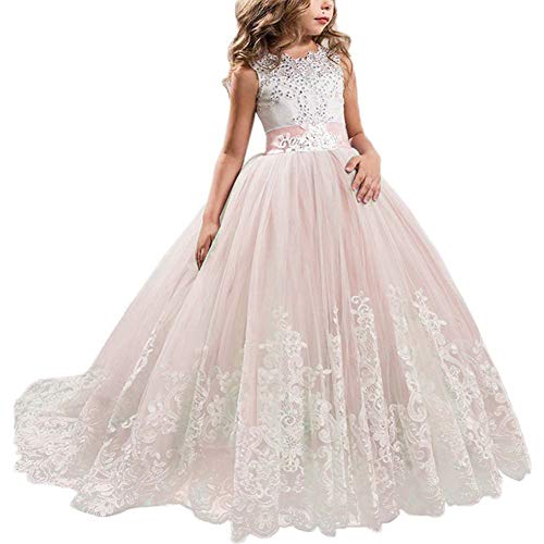 NNJXD Mädchen Spitze Tüll Gestickte Prinzessin Prom Ballkleid Formale Partei Lang Schwanz Kleider Größe (170) 14-15 Jahre 406 Rosa-A von NNJXD