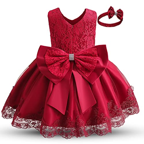 NNJXD Mädchen Spitze Stickerei Blume Prinzessin Brautkleid Größe (100) 2-3 Jahre 648 Rot-C von NNJXD