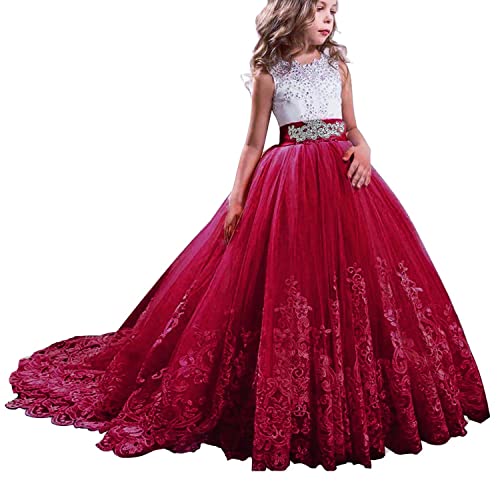 NNJXD Mädchen Spitze Tüll Gestickte Prinzessin Prom Ballkleid Formale Partei Lang Schwanz Kleider Größe (150) 10-11 Jahre 406 Rot-A von NNJXD