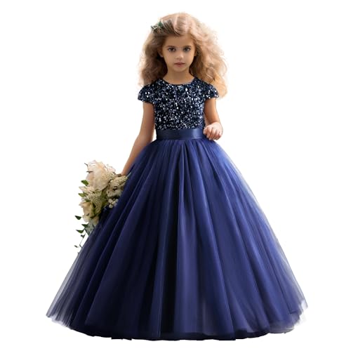 NNJXD Mädchen glitzerndes Paillettenkleid, Prinzessin, Festzug, Party, Blumen-Hochzeitskleid, 2036 Navy blau Größe (140) 8-9 Jahre von NNJXD