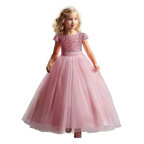 NNJXD Mädchen glitzerndes Paillettenkleid, Prinzessin, Festzug, Party, Blumen-Hochzeitskleid, 2036 Rosa Größe (140) 8-9 Jahre von NNJXD