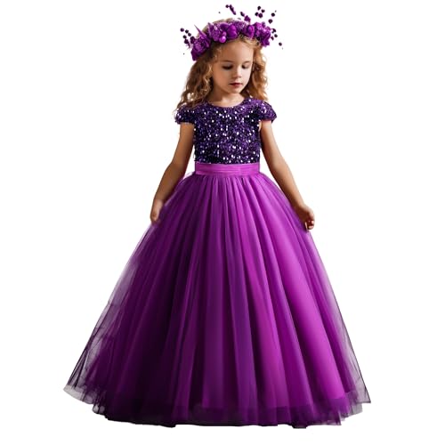 NNJXD Mädchen glitzerndes Paillettenkleid, Prinzessin, Festzug, Party, Blumen-Hochzeitskleid, 2036 Violett Größe (150) 10-11 Jahre von NNJXD