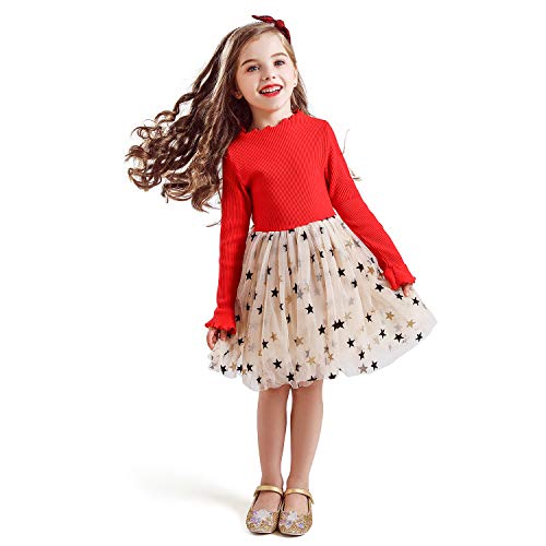 NNJXD Mädchen mit Langen Ärmeln Little Stars Bedrucktes Tutu Freizeitkleid 671 Rot 2-3 Jahre von NNJXD