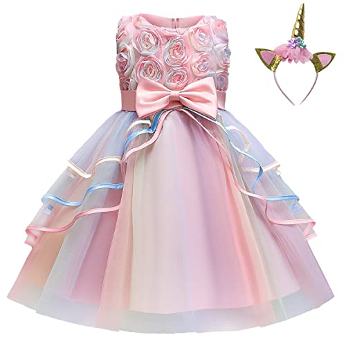 NNJXD Prinzessin Mädchen Einhorn Kleid Party Brautkleider Größe (120) 4-5 Jahre Blume 736 Rosa von NNJXD