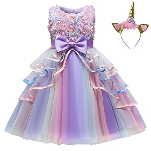 NNJXD Prinzessin Mädchen Einhorn Kleid Party Brautkleider Größe (120) 4-5 Jahre Blume 736 Violett von NNJXD