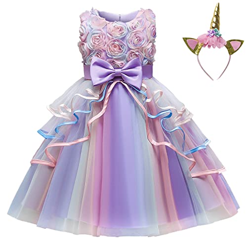 NNJXD Prinzessin Mädchen Einhorn Kleid Party Brautkleider Größe (150) 9-10 Jahre Blume 736 Violett von NNJXD