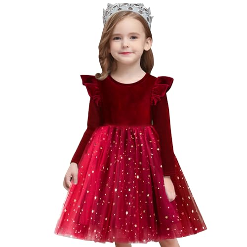 NNJXD Tüllkleid für kleine Mädchen,Prinzessin,lässig, kleine Sterne,Bedruckt, Rüschen,Kleinkind-Samtkleider,1962 Rot Größe (120) 4–5 Jahre von NNJXD