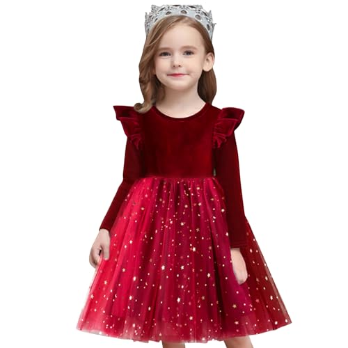 NNJXD Tüllkleid für kleine Mädchen,Prinzessin,lässig, kleine Sterne,Bedruckt, Rüschen,Kleinkind-Samtkleider,1962 Rot Größe (140) 6–7 Jahre von NNJXD