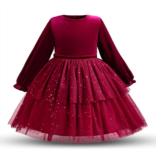 NNJXD Tüllkleid für kleine Mädchen Prinzessin glänzender Tüll Kleinkind-Weihnachtskleider aus Samt 1971 Rot Größe (110) 3–4 Jahre von NNJXD