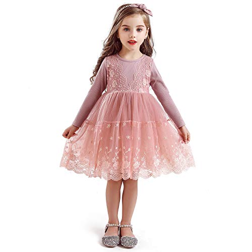 NNJXD kleine Mädchen gestickte Lange Hülsen-beiläufige Kleid-Prinzessin Tutu-Kleid-Größe (100) 2-3 Jahre Rosa von NNJXD