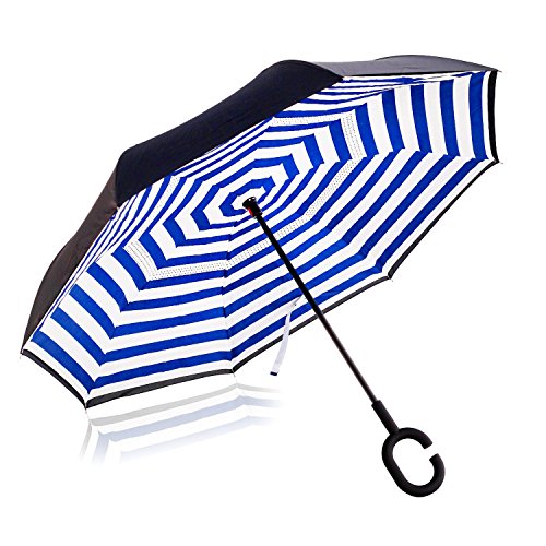 NNY Inc Doppelschichtiger umgekehrter Regenschirm mit Auto-Rückwärtsklappen, winddichter UV-Schutz, gerader Regenschirm für Damen und Herren, C-förmig. L Navy stripes von NNY Inc