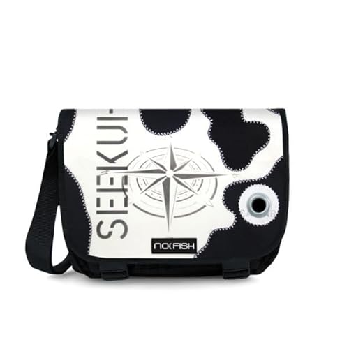 NO FISH Umhängetasche Sail Größe M - Seekuh/schwarz - mit Überschlag aus original gebrauchtem Segeltuch (Upcycling) von NO FISH