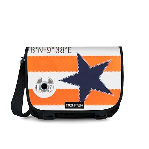 NO FISH Umhängetasche Sail Größe M - Stern mit Streifen in orange - mit Überschlag aus original gebrauchtem Segel (Upcycling) von NO FISH