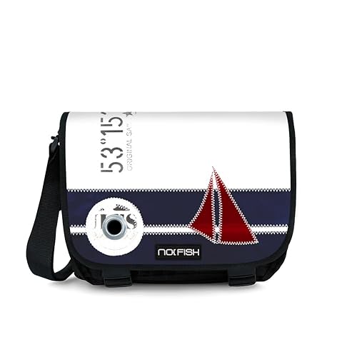 NO FISH Umhängetasche Sail Größe M - Streifen blau mit Segel- mit Überschlag aus original gebrauchtem Segeltuch (Upcycling) von NO FISH