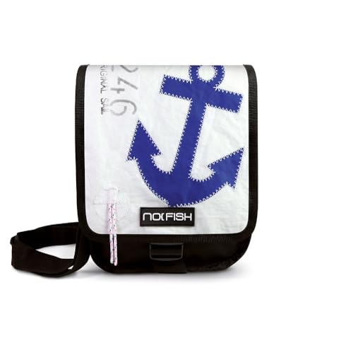 NO FISH Umhängetasche Sail Größe S - Anker blau mit Überschlag aus original gebrauchtem Segeltuch (Upcycling) von NO FISH