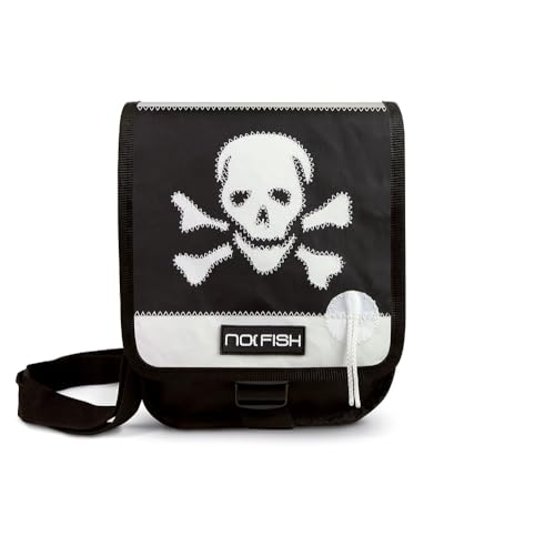 NO FISH Umhängetasche Sail Größe S - Piratenflagge schwarz mit Überschlag aus original gebrauchtem Segeltuch (Upcycling) von NO FISH