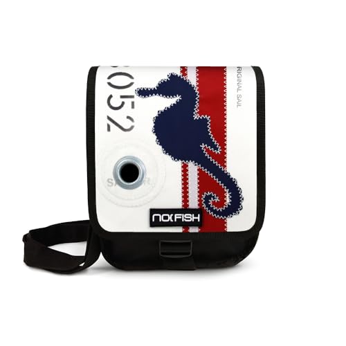 NO FISH Umhängetasche Sail Größe S - Seepferd/dunkelblau mit Überschlag aus original gebrauchtem Segeltuch (Upcycling) von NO FISH