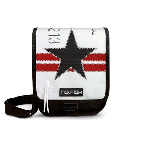 NO FISH Umhängetasche Sail Größe S - Stern schwarz mit Überschlag aus original gebrauchtem Segeltuch (Upcycling) von NO FISH