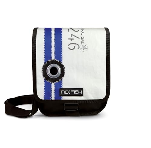 NO FISH Umhängetasche Sail Größe S - Streifen blau mit Überschlag aus original gebrauchtem Segeltuch (Upcycling) von NO FISH