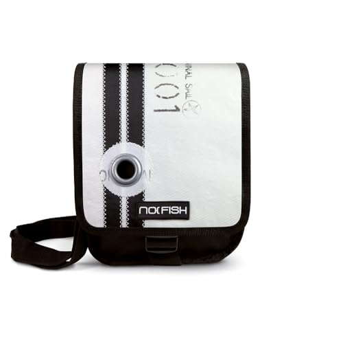 NO FISH Umhängetasche Sail Größe S - Streifen schwarz mit Überschlag aus original gebrauchtem Segeltuch (Upcycling) von NO FISH