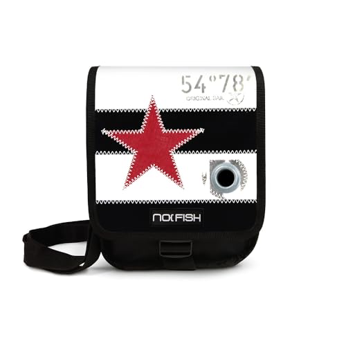 NO FISH Umhängetasche Sail Größe S - roter Stern mit Blockstreifen in schwarz/weiß mit Überschlag aus original gebrauchtem Segeltuch (Upcycling) von NO FISH