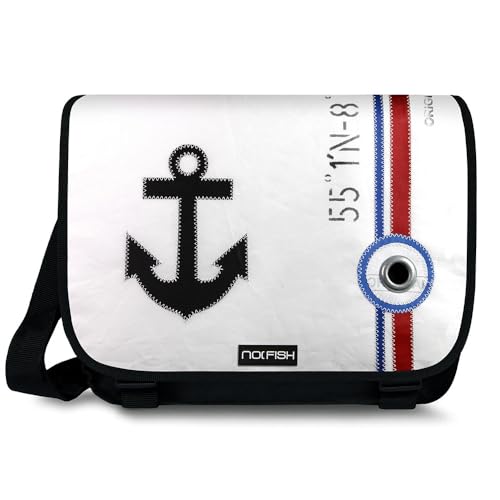 NO FISH Umhängetasche Sail Größe XL - Anker schwarz - mit Überschlag aus original gebrauchtem Segeltuch (Upcycling) von NO FISH