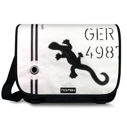NO FISH Umhängetasche Sail Größe XL - Gekko schwarz - mit Überschlag aus original gebrauchtem Segeltuch (Upcycling) von NO FISH