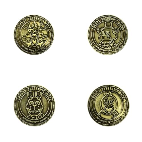 FNAF Münze Sammlermünzen Goldmünzen,Fazbear Foxy Bonnie Chica Charakteren zum Sammeln Antike Bronzemünzen für Gedenkspiel Metallmünzen (4 Stück,a) von NOAFUNZO