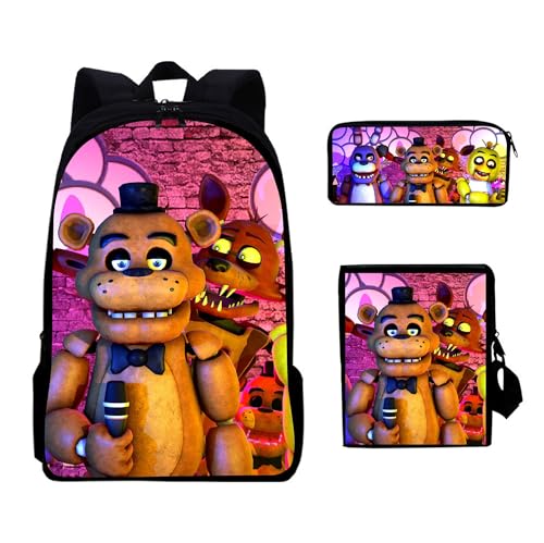 NOAFUNZO FNAF Kinder-Rucksack, 3-teiliges Set, Fünf-Nacht-Spiel-Cartoon-bedruckte Schultasche mit Lunchbox und Federmäppchen für Kinder, Jungen, Mädchen, Teenager, modisch, lässiger Tagesrucksack, Typ von NOAFUNZO