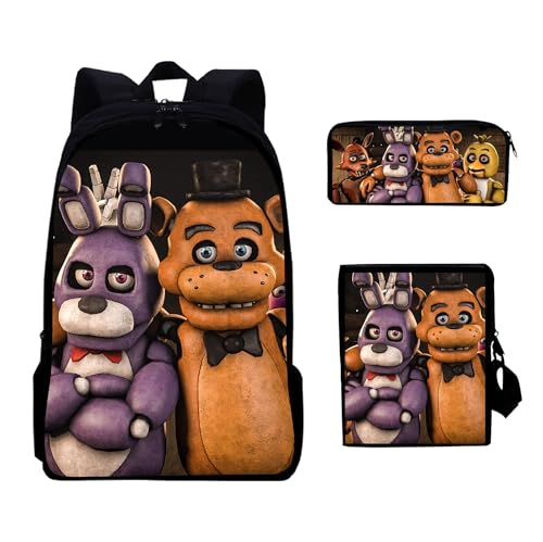 NOAFUNZO FNAF Kinder-Rucksack, 3-teiliges Set, Fünf-Nacht-Spiel-Cartoon-bedruckte Schultasche mit Lunchbox und Federmäppchen für Kinder, Jungen, Mädchen, Teenager, modisch, lässiger Tagesrucksack, Typ von NOAFUNZO