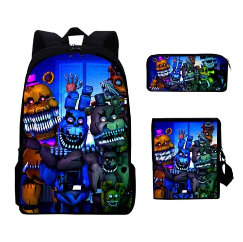 NOAFUNZO FNAF Kinder-Rucksack, 3-teiliges Set, Fünf-Nacht-Spiel-Cartoon-bedruckte Schultasche mit Lunchbox und Federmäppchen für Kinder, Jungen, Mädchen, Teenager, modisch, lässiger Tagesrucksack, Typ von NOAFUNZO