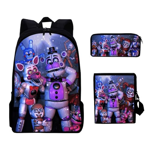 NOAFUNZO FNAF Kinder-Rucksack, 3-teiliges Set, Fünf-Nacht-Spiel-Cartoon-bedruckte Schultasche mit Lunchbox und Federmäppchen für Kinder, Jungen, Mädchen, Teenager, modisch, lässiger Tagesrucksack, Typ von NOAFUNZO