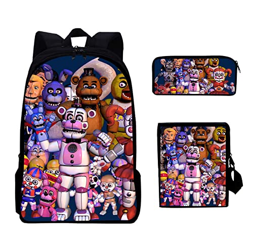 NOAFUNZO FNAF Kinder-Rucksack, 3-teiliges Set, Fünf-Nacht-Spiel-Cartoon-bedruckte Schultasche mit Lunchbox und Federmäppchen für Kinder, Jungen, Mädchen, Teenager, modisch, lässiger Tagesrucksack, Typ von NOAFUNZO