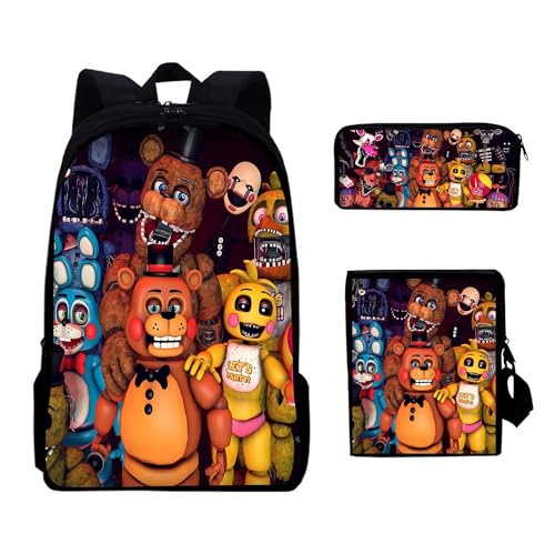 NOAFUNZO FNAF Kinder-Rucksack, 3-teiliges Set, Fünf-Nacht-Spiel-Cartoon-bedruckte Schultasche mit Lunchbox und Federmäppchen für Kinder, Jungen, Mädchen, Teenager, modisch, lässiger Tagesrucksack, Typ von NOAFUNZO